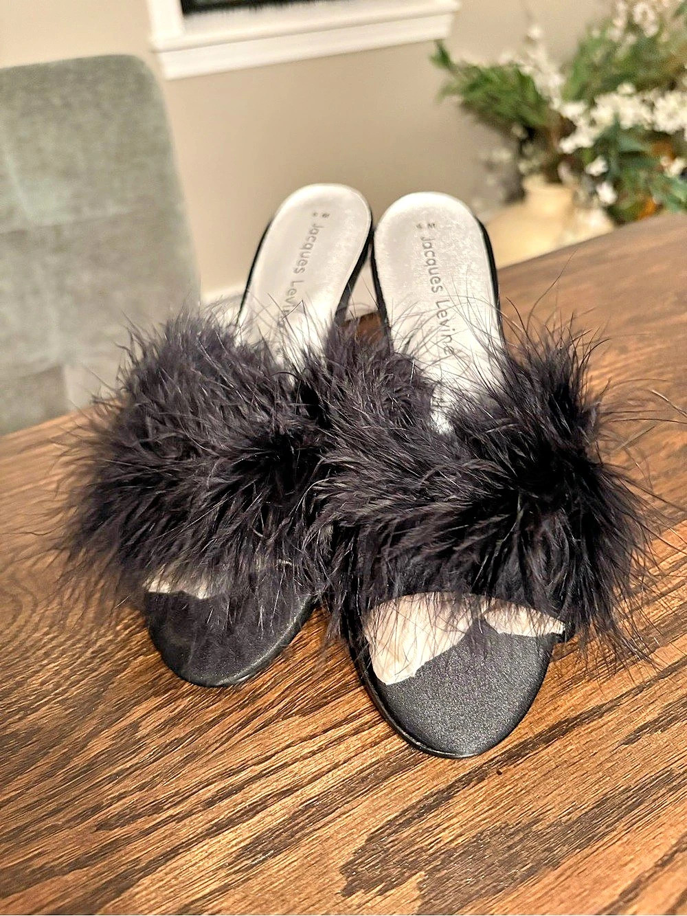 Jacques Levine Feather Slide Sandals Black US 6 M